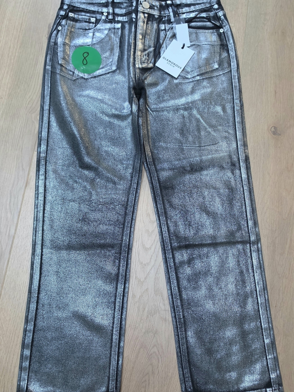 Glamorous Metallic Silver Jeans straight leg, size 8